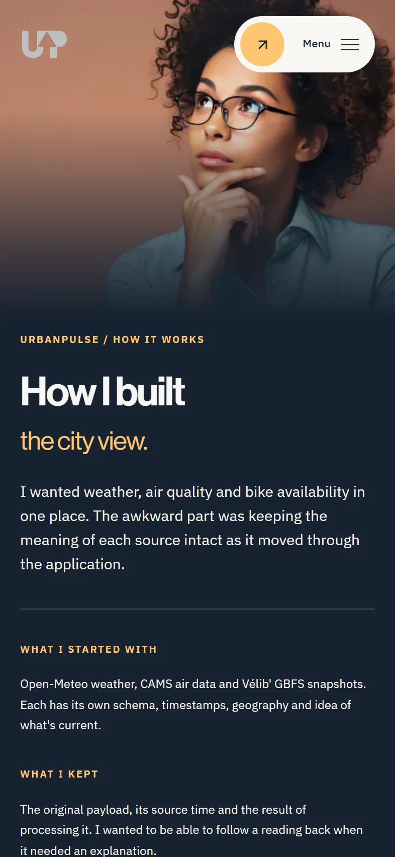 UrbanPulse architecture page on mobile explaining how public city signals are collected, retained, modeled and served