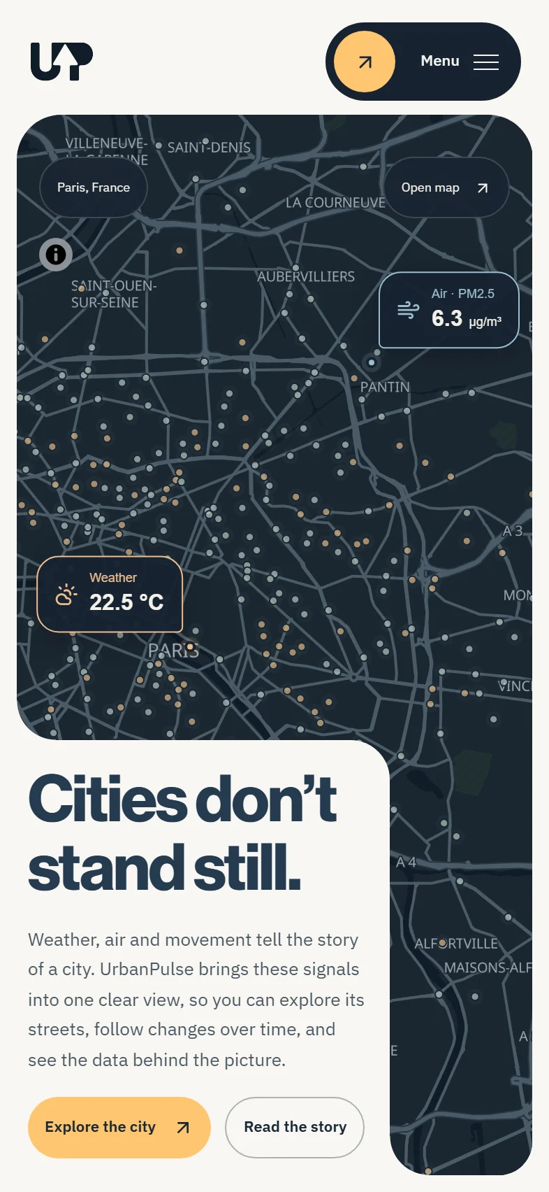 UrbanPulse landing page on mobile showing a Paris map and the headline Cities don’t stand still