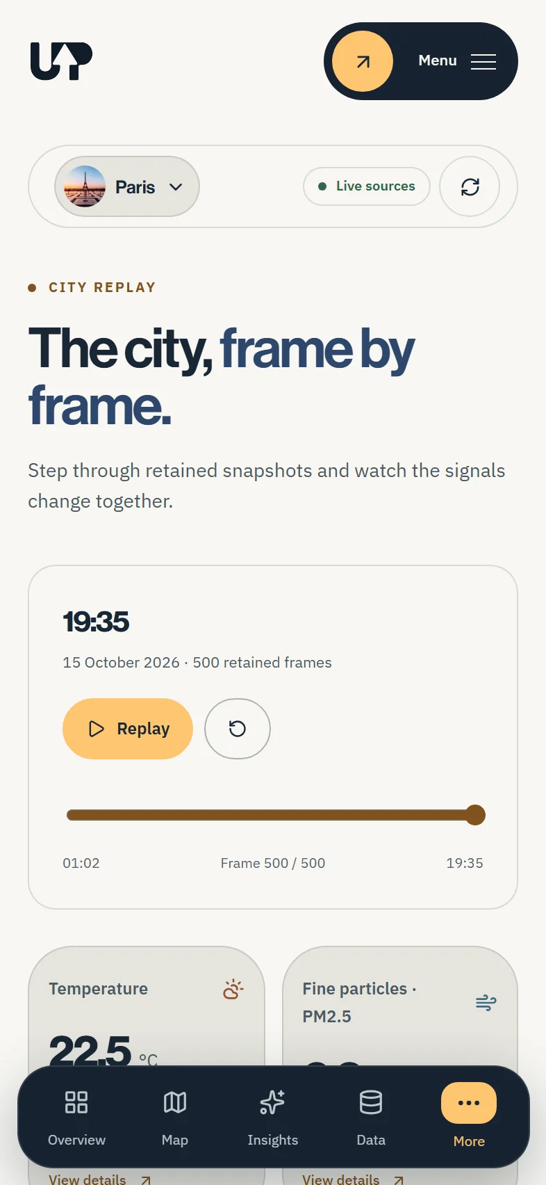 UrbanPulse City Replay on mobile with retained snapshots, a timeline and city metrics